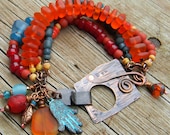 Orange Red Blue Recycled Glass Bracelet Copper Hand Forged One of a Kind