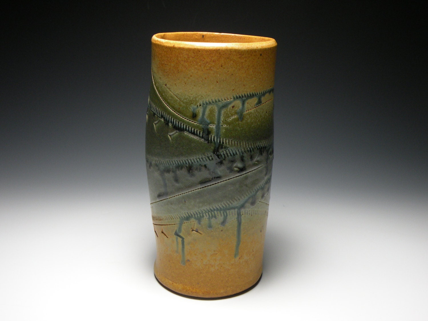 Handmade Tan and Green Stoneware Vase