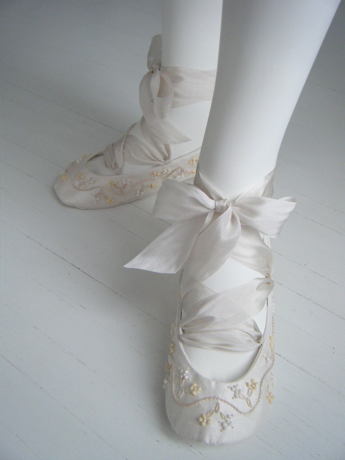 Ivory Silk Hand Embroidered Ballet Flats, MARY-BETH, Custom Made Wedding Shoes by Bobka Baby