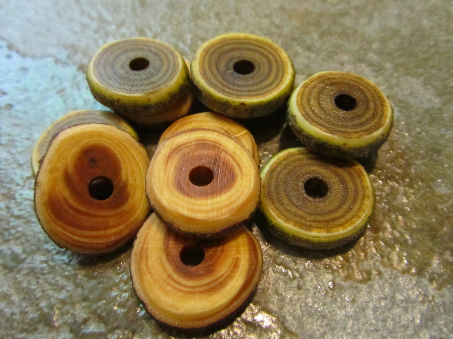 12 Mixed Wood Center Drilled Buttons Or Clasps.