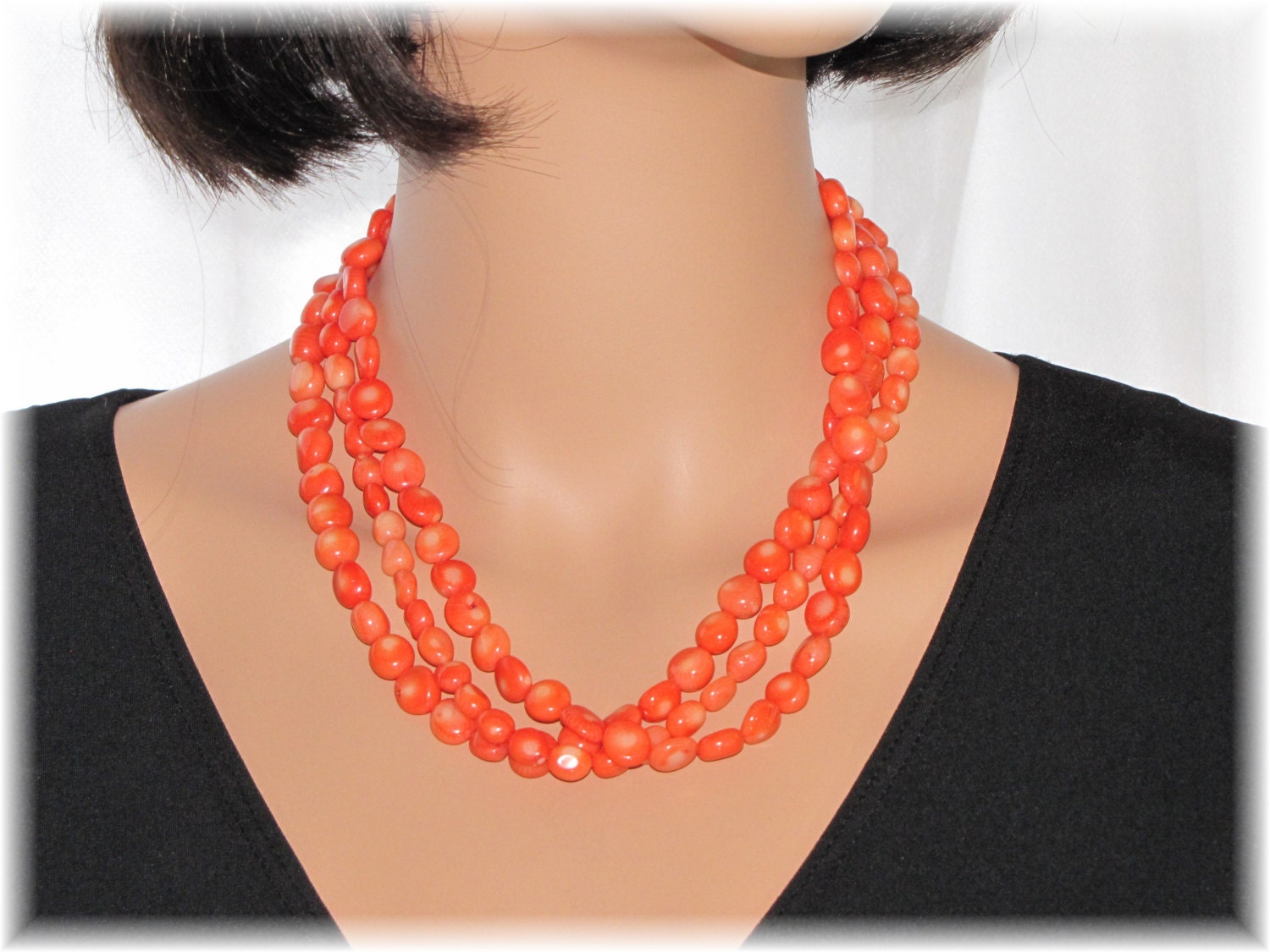 Coral Necklace 3 Strand With Matching Earrings