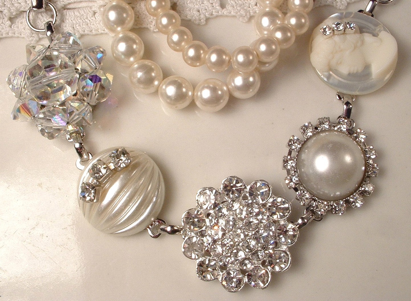 Vintage Ivory Pearl, Rhinestone & Crystal Bridal Bracelet, Heirloom Cluster Earring Bracelet One-of-a-Kind STUNNING