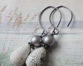 Shabby Chic Distressed White Vintage Bead Grey Crystazzi Pearl Handwrought Earrings