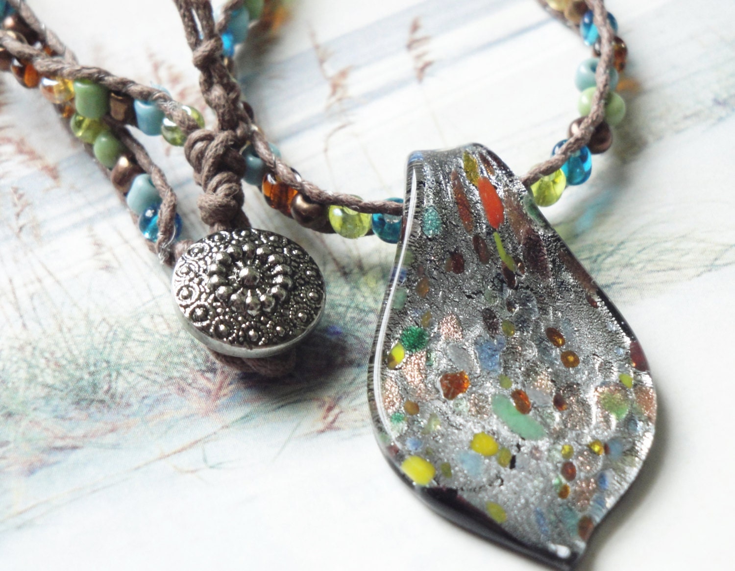 Boho Chic Murano Style Lampwork Glass Pendant Hand Beaded Necklace