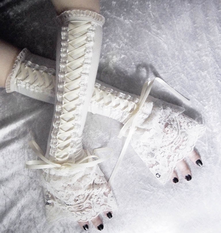 Ivory Towers Victorian Corset Laced Up Arm Warmers - Pale Ivory Cream - Double Layered Lace - Steampunk Pirate Dark Rococo Gothic Goth