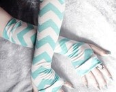 Skylar Arm Warmers - Tiffany Aqua Blue & Ivory Off White Chevron Striped Cotton - Gothic Yoga Cycling Running Emo Vampire Unisex Goth Gypsy