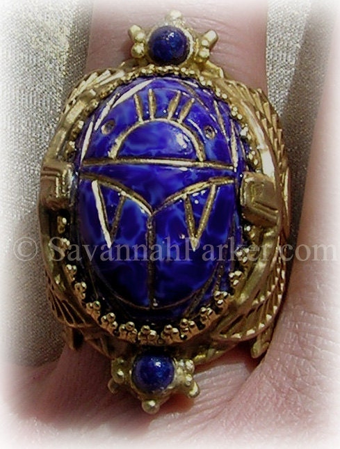LAST ONE! Antique Style Deco 1920s Egyptian Revival Scarab Ring - Isis Goddesses Lapis Blue Glass