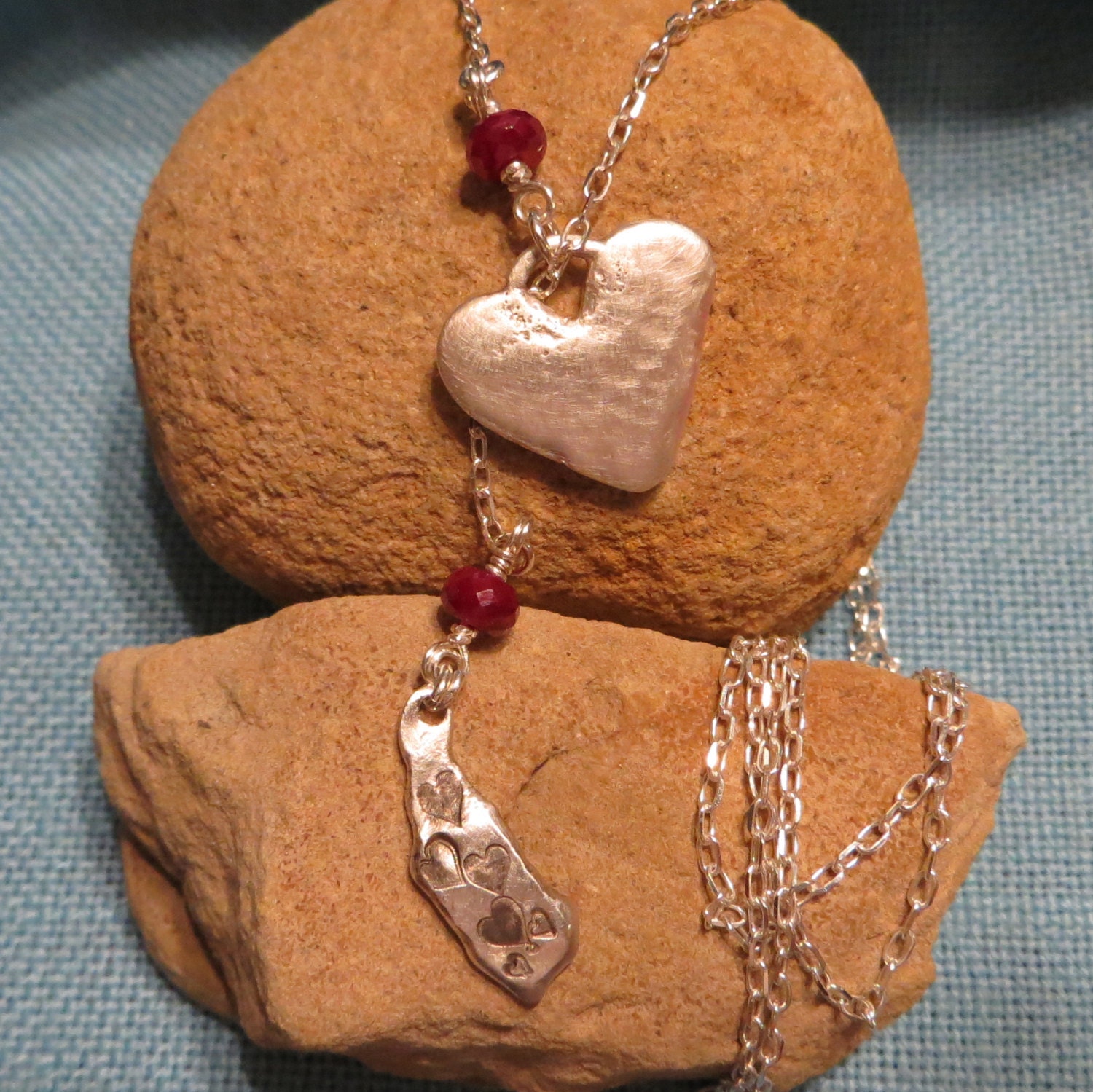 Silver Lariat Necklace Heart Ruby Long Rosary Freeform Charm