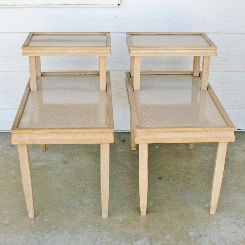 Pair of Mid Century Blonde Two Tier Side Tables
