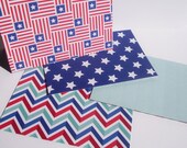 Americana Note Cards - Patriotic Red White Blue Card Set, July 4th Stationery Thank You Notes, Stars Stripes American Flags Chevron Card Set