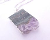 Amethyst Slice Necklace, Purple Orange Green White, Edged in Sterling Silver, 18 inch Chain, Handmade Jewelry
