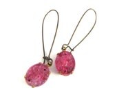 Vintage Floral Glass Dangle Earrings, Raspberry Pink, Handmade Jewelry