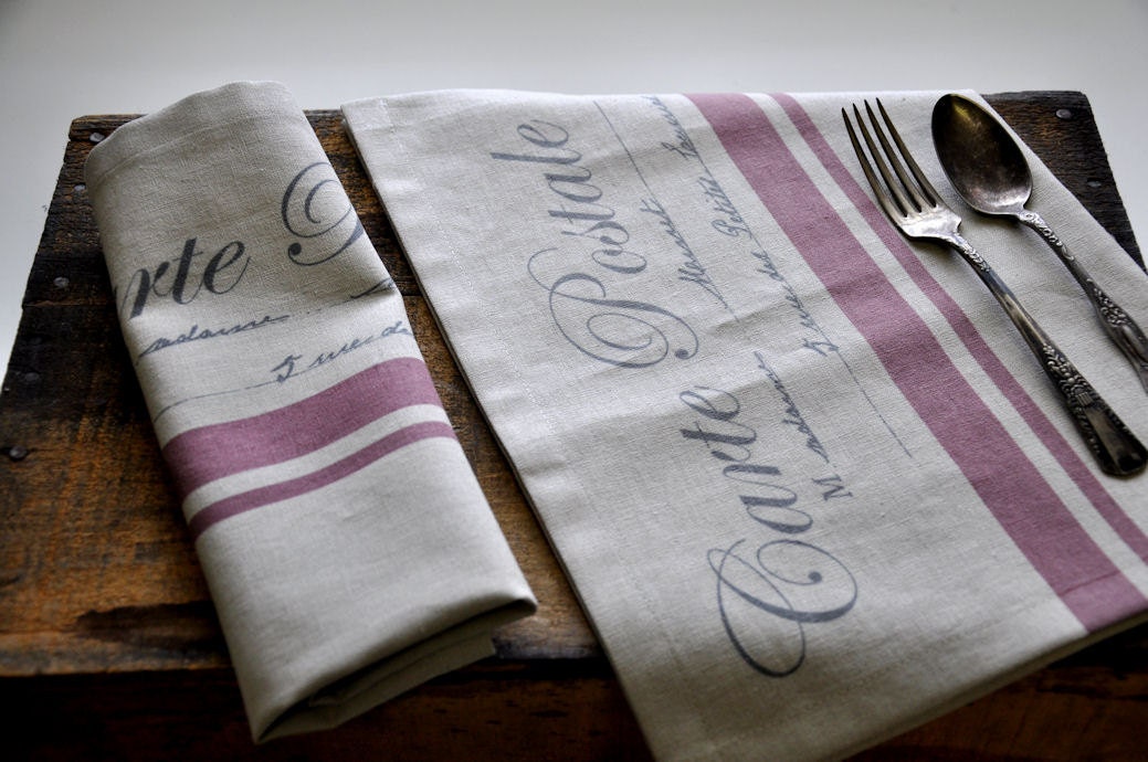 Two linen carte postale placemats / napkins