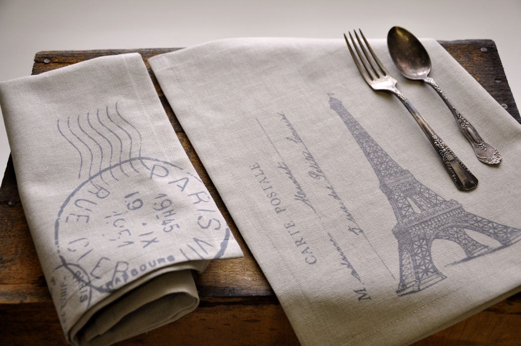 Two linen Eiffel tower placemats / napkins