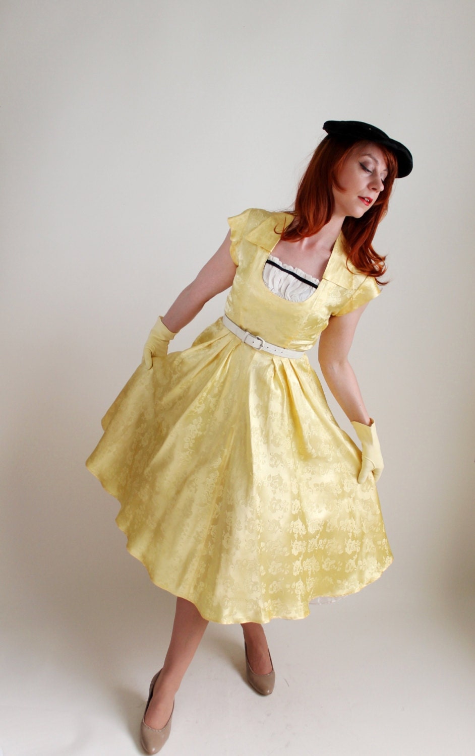 1950s Yellow Satin Party Dress. Formal Dress. Cocktail Dress. Mad Men Fashion. Wedding Bridesmaid. Size Small