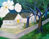 36 x 48 Magnolias in the Heights -large original abstract folk fauvist trees and houses painting