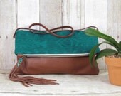 Tribal Ikat Fold Over Purse With Cognac Brown Leather, Cross Body Bag