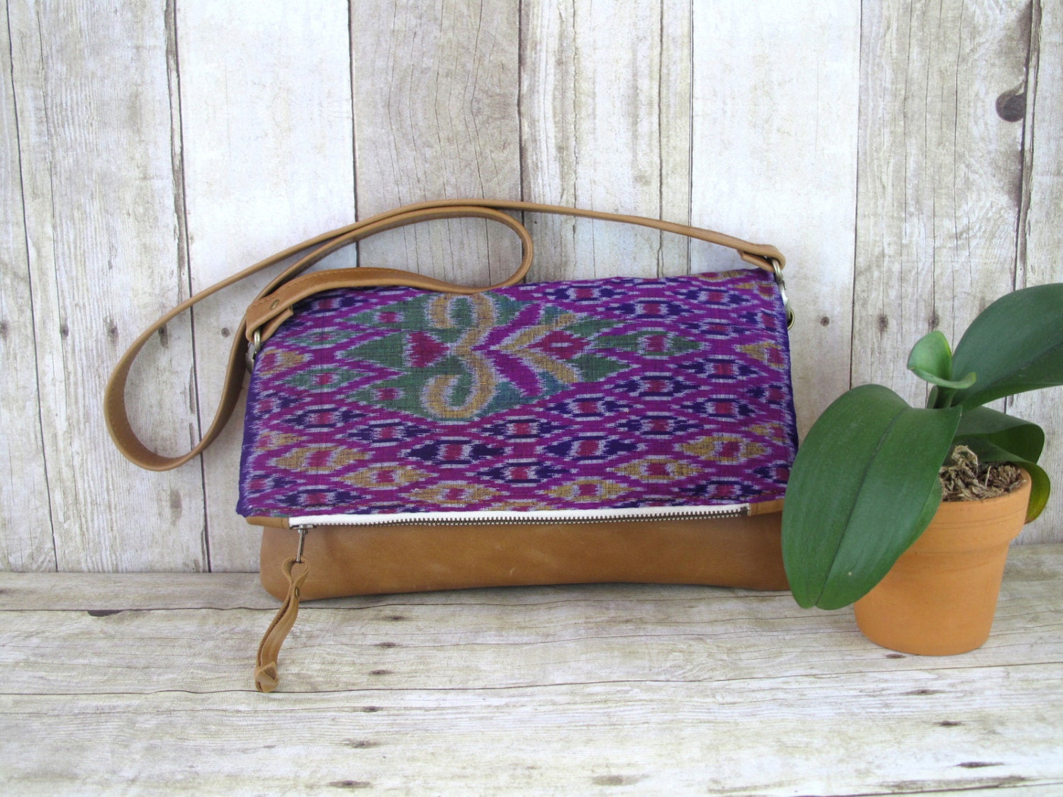 Ikat Fold Over Clutch, Leather Purse, Purple Leather Messenger, Cross Body Bag