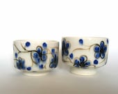 Pair of Blue and White Hand Painted Sake or Whiskey Cups