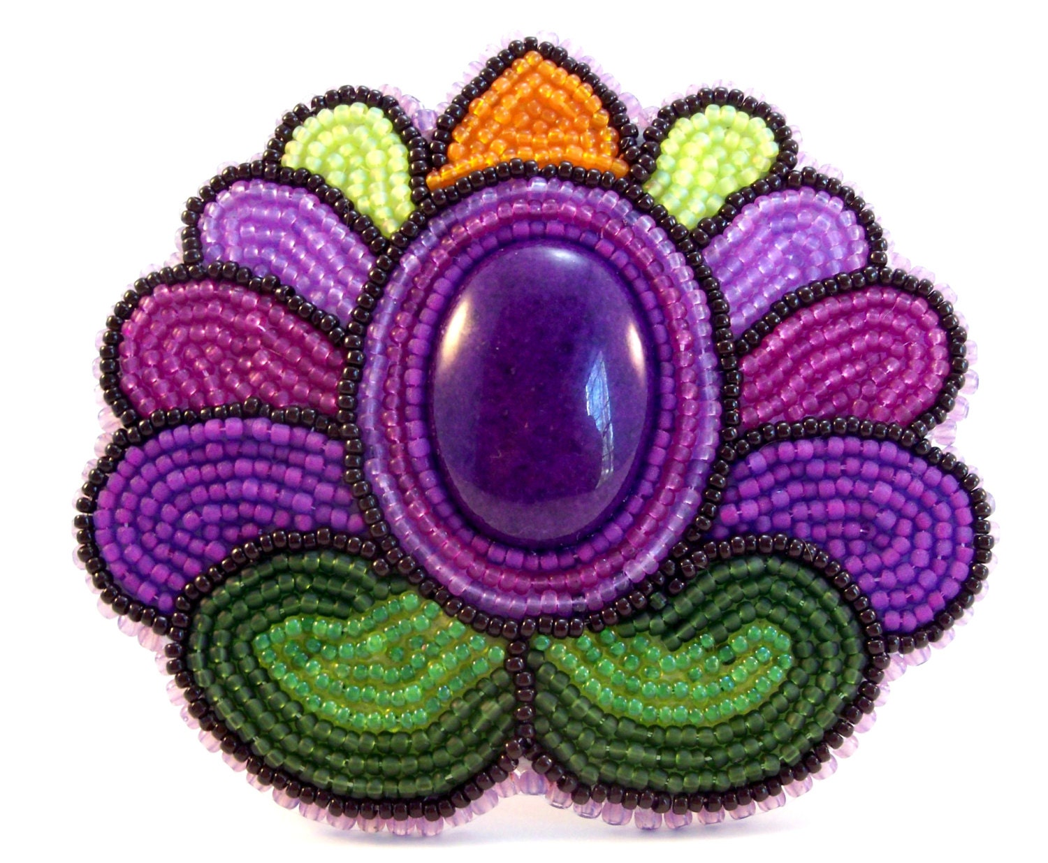 Hungarian Folk Art Purple Tulip Bead Embroidery Brooch