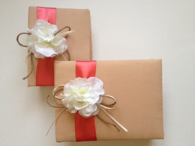 SAVE 50% Rustic Wedding Guest Book and Photo Album Gift Set - White Hydrangeas - Coral Ribbon With Cream Ivory Ribbon and Rope Bow