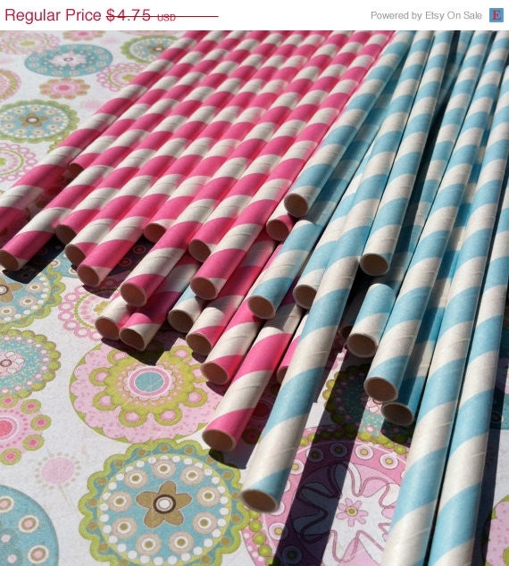 ON SALE NOW 30 Paper Straws.... Pink and Blue Stripe