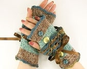 Knit fingerless gloves arm warmers fingerless mittens women grey teal blue tweed lace romantic victorian tagt team