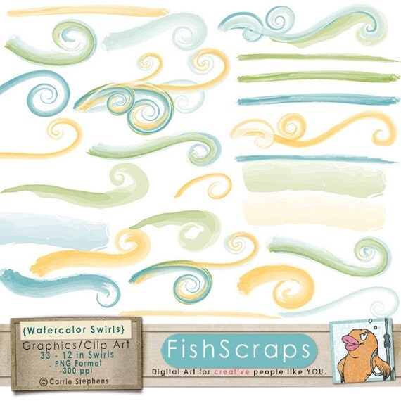 Watercolor Swirl Clip Art Borders - Painted Flourishes ClipArt - Baby Blue, Yellow & Green. Instant Download - Commercial Use Il_570xn