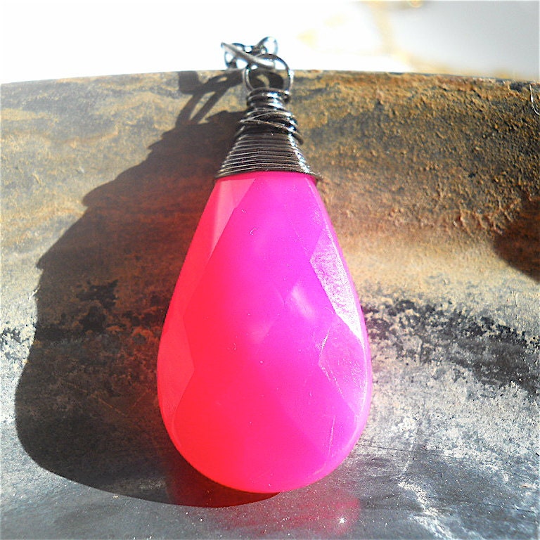 Wire Wrapped Neon Magenta Jade Gemstone Necklace Pendant, Black Metal Chain, Shocking Pink, Rocker, Goth, Chic
