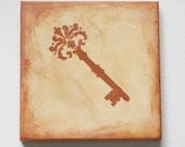 NEW Sepia acrylic skeleton key painting on canvas 8x8 inches square wall art