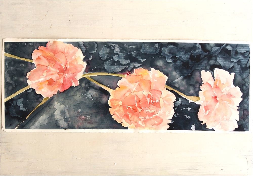 soft floral long painting, original painting, pink, gray, home decor, carnations, flowers, original watercolor painting