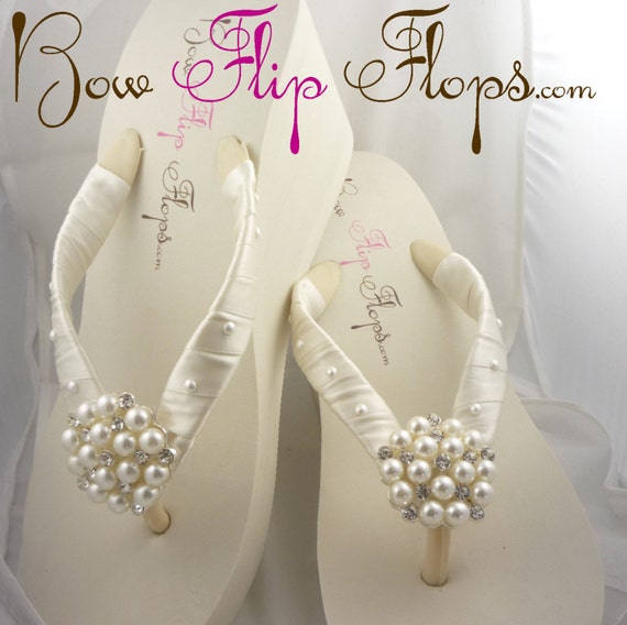 Pearl Satin Wedding Flip Flops Flat or Heel ivory White Satin ...