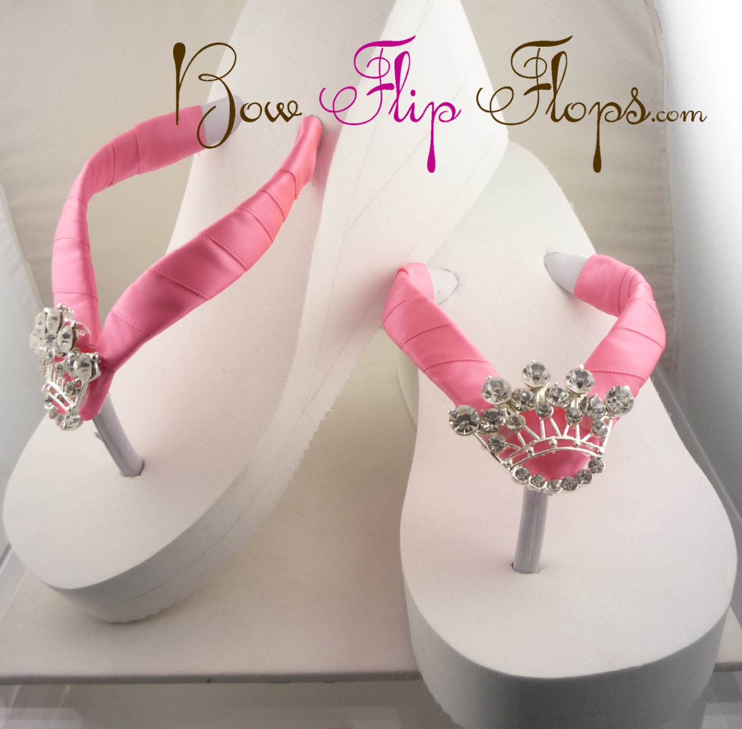 Wedge Bridal Flip Flops Ivory Crown Princess or White Rhinestone Satin Beach Wedding Color Bride platform heel Ribbon, brides, bridesmaids