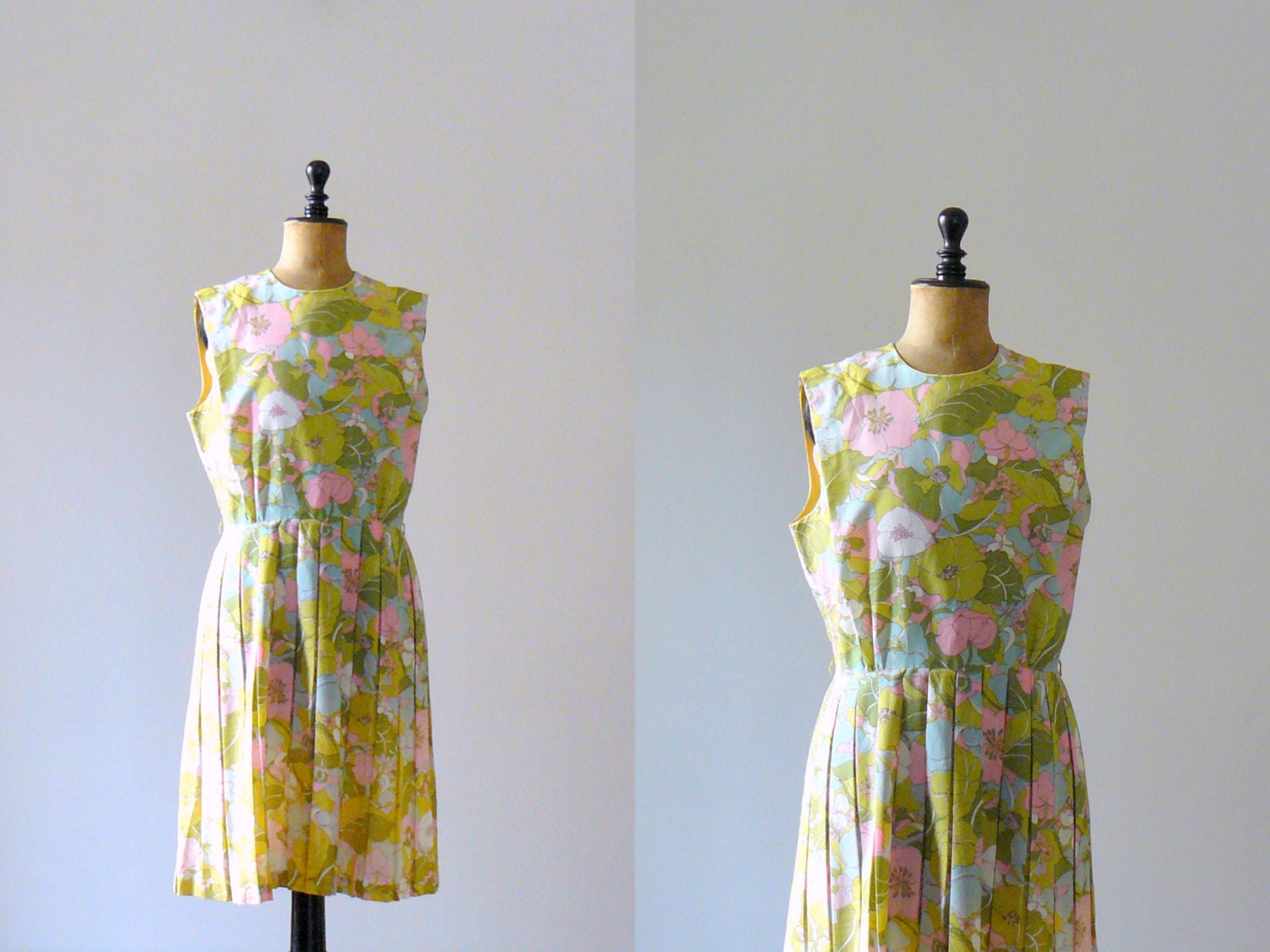 Vintage 1960s lime green pink dress. floral print pleated skirt dress