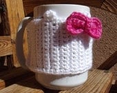 Crochet White Kitty Cat Coffee Mug Cup Cozy with Hot Pink Bow