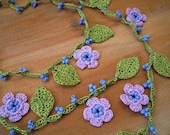 crochet necklace, lariat, lilac flower, leaves