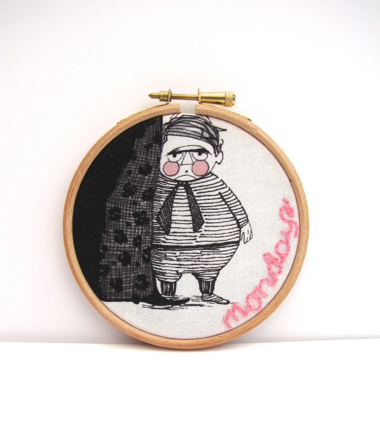 Hand Embroidery Hoop Art   - Black & Pink. Quirky Fun - Mondays -  ready for display - 4 x 4 Inch Natural Wooden Hoop by mirrymirry