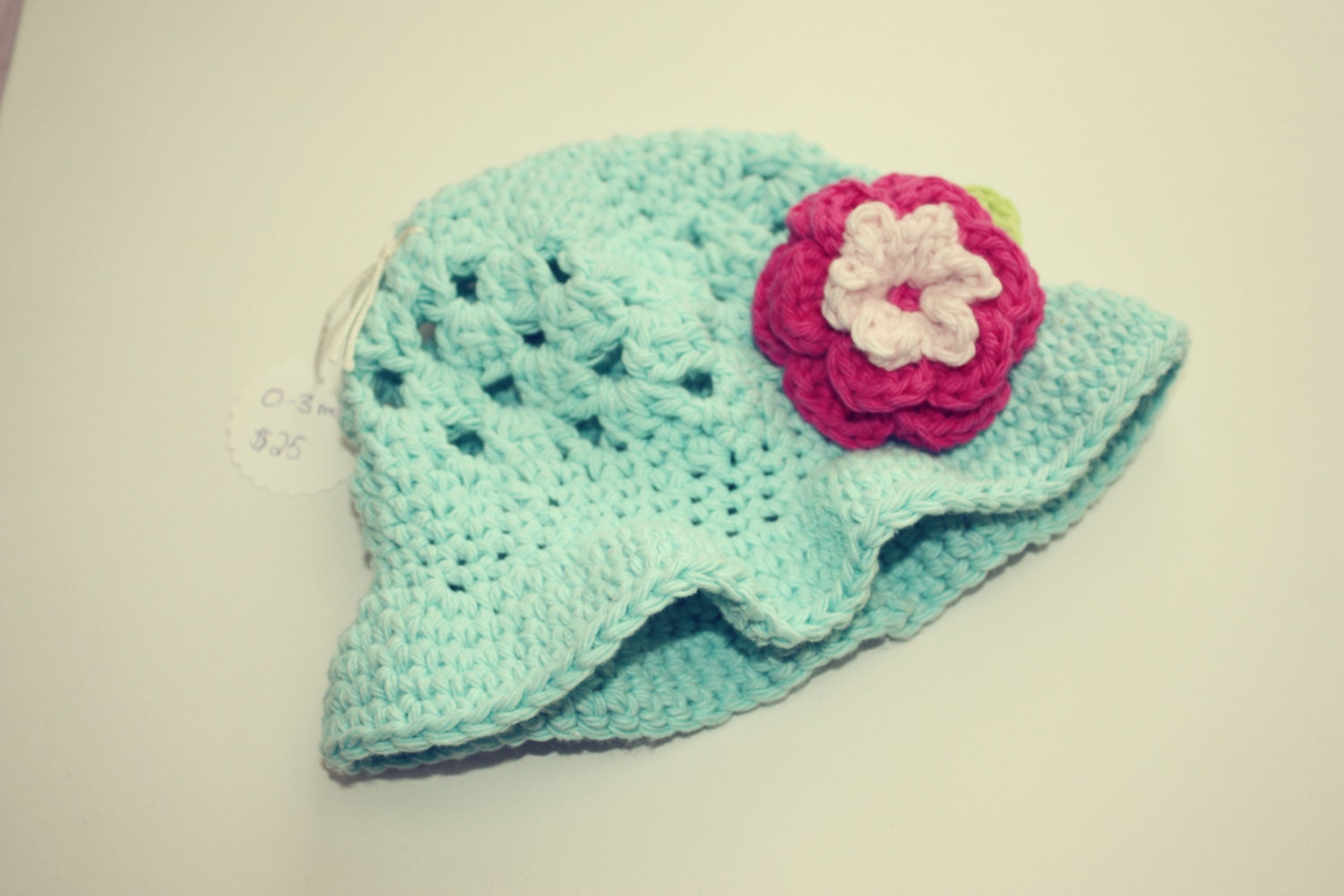 Light Teal Crochet Hat 0-3 Month Old Size Spring Summer Fall Cotton