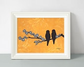 Love Bird Wall Decor Art Print, Orange and Grey, 12 x 9 inches