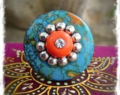 TURQUOISE FLOWER Ring stone mosaic RING Rhinestone Southwestern ring Adjustable ring Cowgirl ring Large statement ring Festival ring