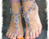 PURPLE wedding BAREFOOT SANDALS LotusToe anklets crochet foot jewelry Boho Hippie Flower Beach sandals Wedding Leaves Fairy jewelry