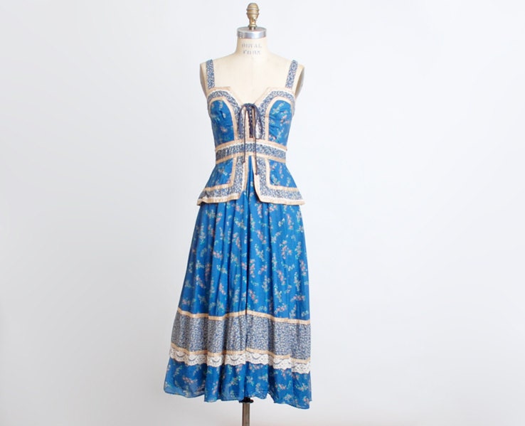 Vintage 70s Blue Green Floral Gunne Sax Corset Lace Dress
