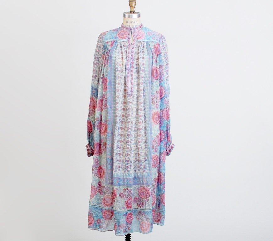 Vintage 60s 70s Blue & Pink Floral India Silk Crepe Dress