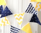 4 Feet Fabric Banner, 9 Flag Bunting, Navy Blue Anchor, Yellow Chevron, Polka Dot, Baby Boy Nursery Decor, Baby Shower