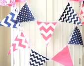 9 Feet Banner, Bunting, 21 Fabric Flags, Navy Blue and Pink Polka Dot, Chevron and Floral, Baby Nursery Decor, Wedding Garland, Birthday