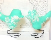 Love Bird Wedding Cake Toppers in Summer Robins Egg Blue Damask and Off White, Spring Wedding, Baby Nursery Decor, Home Decor