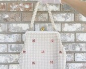 20% OFF SALE Vintage 1960's White Faux Pearl Beaded Handbag / Goldtone Clasp Wedding Purse