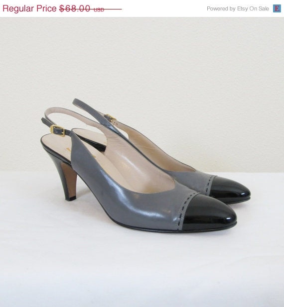 20% OFF SALE Vintage Black Patent Leather Sling-Back Heels / Size 8 / Designer SALVATORE Ferragamo