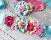 Yellow pink and aqua headband AND maternity sash or infant wrap SET with lace, rosettes, chiffon flowers and ruffles
