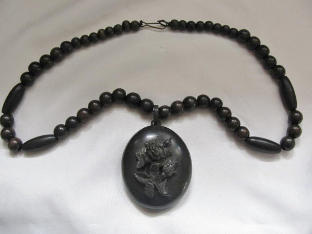 Victorian Vulcanite Photo Locket Black Bead Necklace